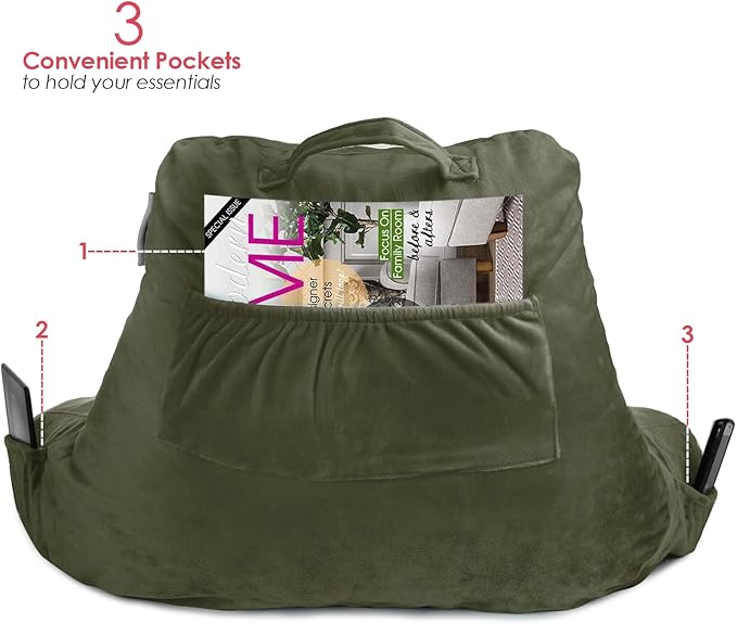 Nestl Reading Pillow for Kids, Small Bed Pillow, Back Pillow for Sitting in Bed, Memory Foam Chair Pillow, Reading & Bed Rest Pillows, Olive Green Back Pillow for Bed, Arm Pillow with Pockets