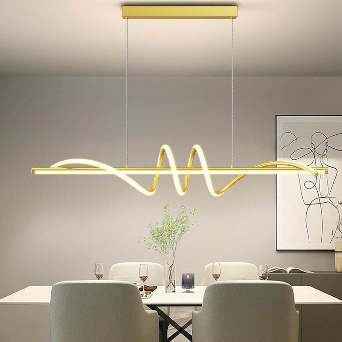 Zihoi LED Pendant Light, Dimmable with Remote, 3000K-6000K, 47in, Gold, Aluminum Chandelier for Kitchen and Dining Room