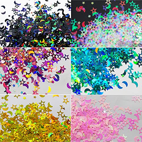 LoveOurHome 6 Colors Star Moon Chunky Glitter Flakes Resin Epoxy Accessories Holographic Black Blue Stars Glitters Confett...