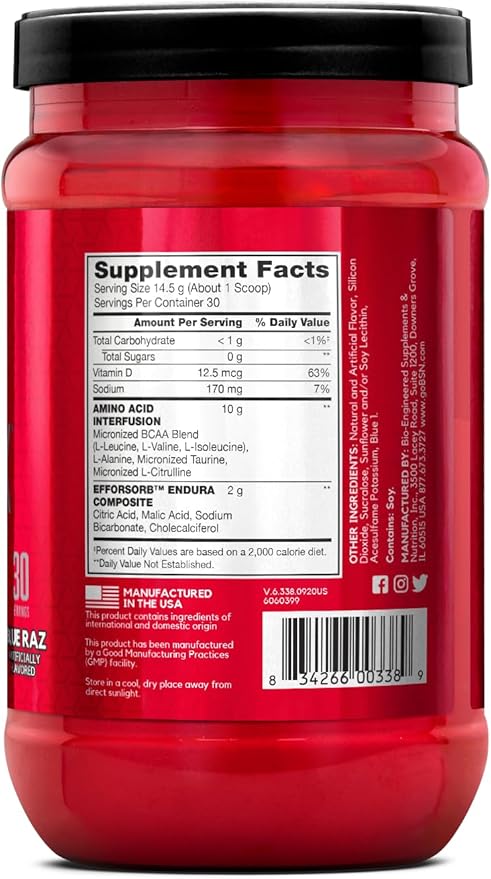 BSN Amino X Muscle Recovery & Endurance Powder with BCAAs, 10 Grams of Amino Acids, Keto Friendly, Caffeine Free, Flavor: Blue Raspberry, 30 servings (Packaging may vary)