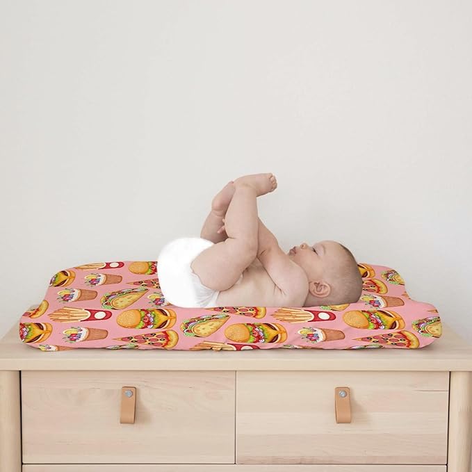Cute Burger French Fries Cupcake Pizza Baby Changing Table Pad Covers for Baby Boys or Girls 32''x16'' Unisex Fitted Diaper Changing Table Cover Comfort Soft Breathable Nursery Changing Table Mats