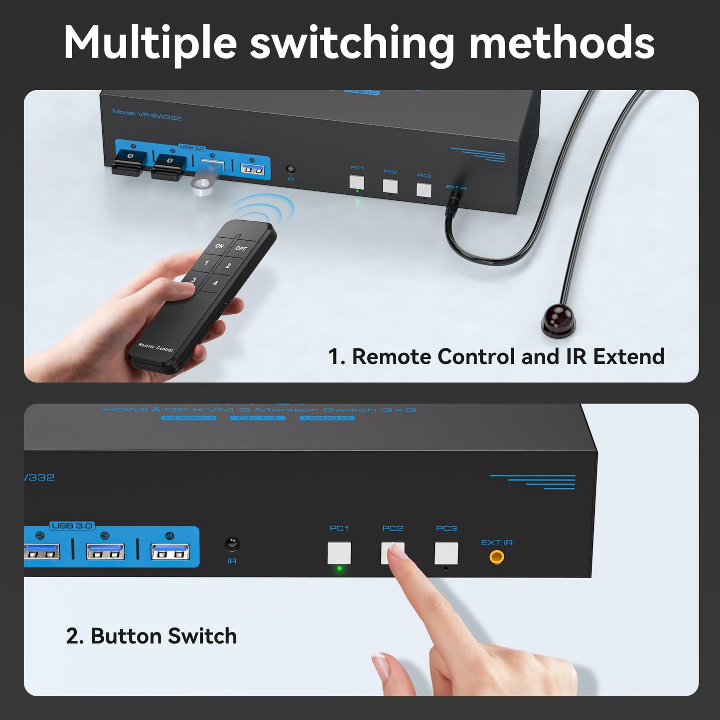 4K144Hz Displayport KVM Switch 3 Monitors 3 Computers 1 HDMI 8K30Hz KVM Switches Triple Monitor for 3 PC Share 3 Screens and 4 USB 3.0 Ports with Wireless Controller