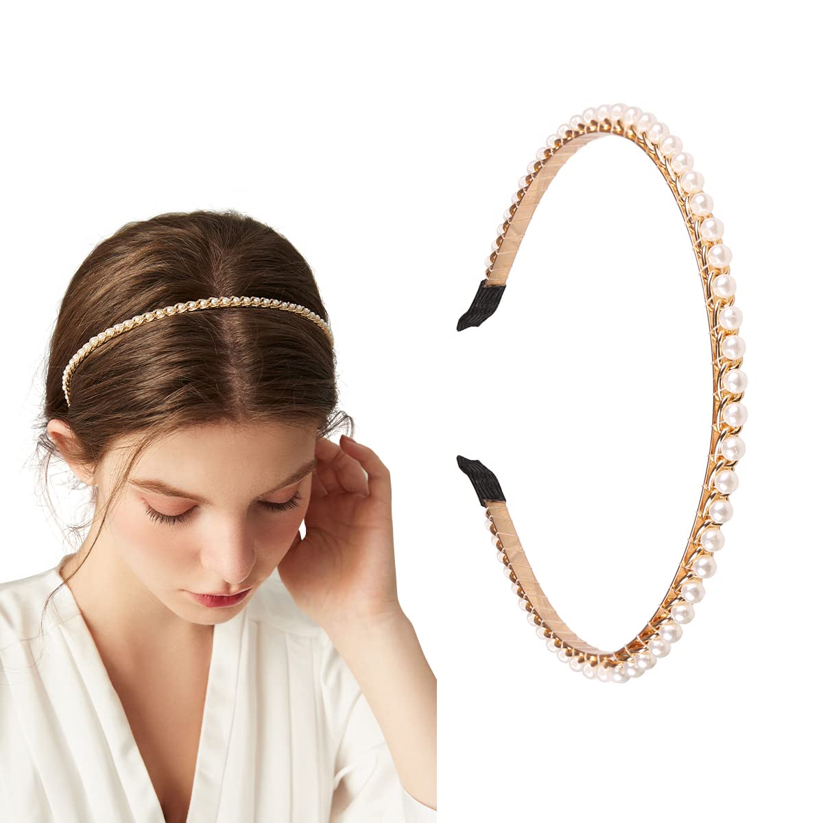 YARN & INK 2 Pcs Women's Thin Crystal Diamond Pearls Headbands Non Slip, Fashion Cute Headband Beaded Bling Daily Wear Hair Acce