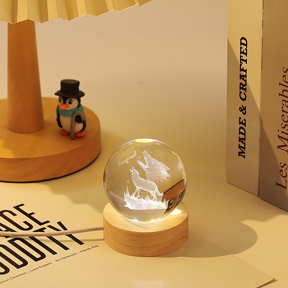 Hochance 3D Wolf Crystal Ball Lamp With Adjustable Brightness Led Wooden Base Night Light For Kids Teens mature-themeds Birthday Gift Home Desk Office Bedroom Decor (6Cm / 2.4 )
