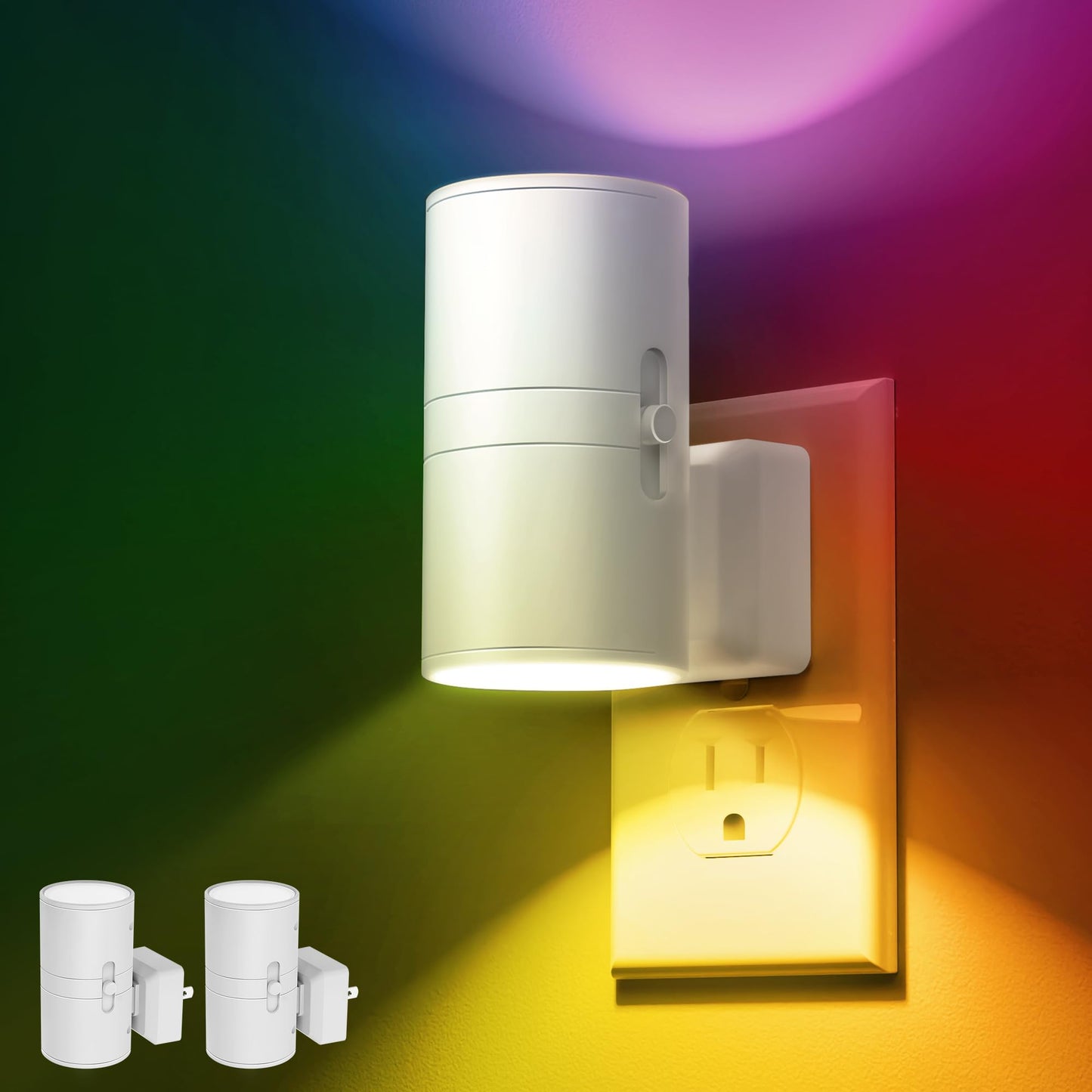 L LOHAS LED Night Light, Color Changing RGB, Light Sensor, 2 Pack, Multicolor, Model GY-063-09-WH-US-2, Plug into Wall