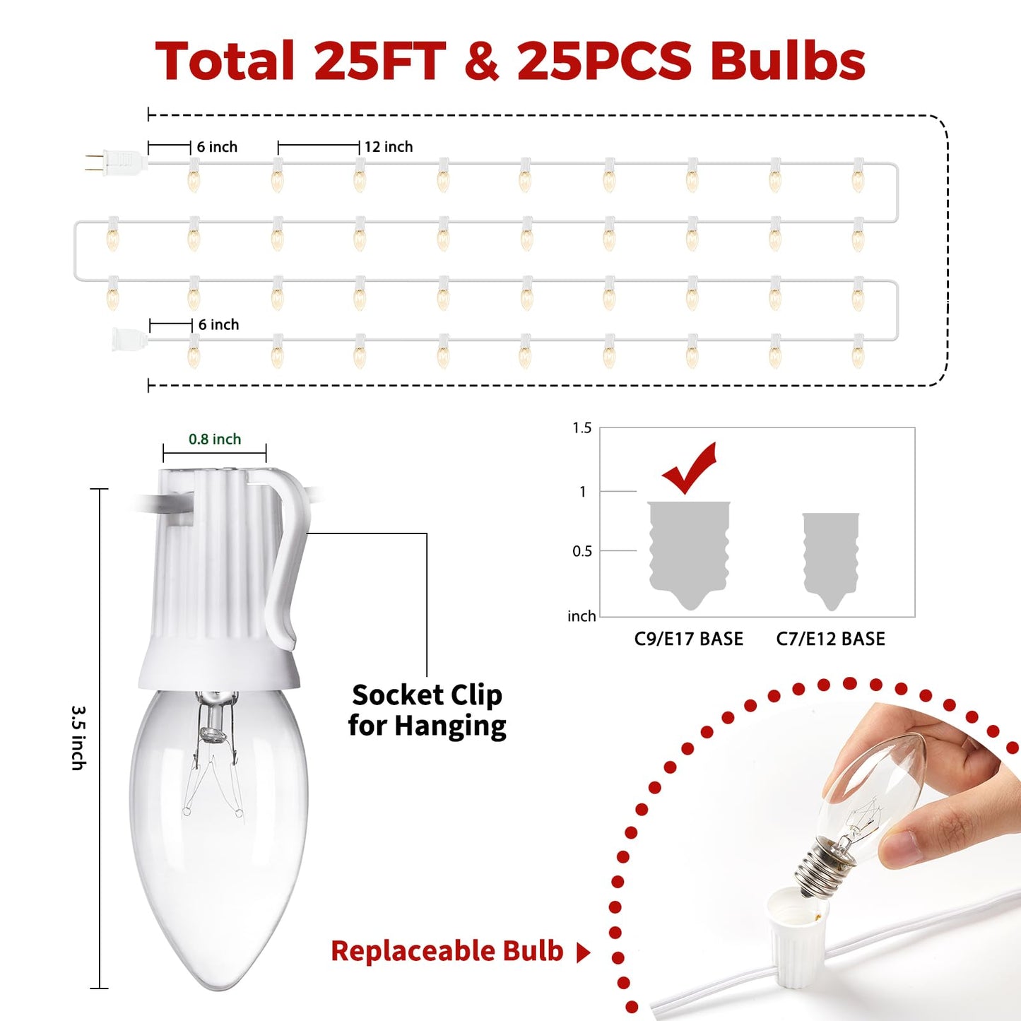 Brightown C9 Bulb String Lights for Outdoor, 25FT Warm White Clear Glass, Model GYPI-O257AU, Clear White Wire