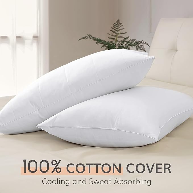 SAVORI Pack of 2 Goose Down Feather Pillows with 100% Cotton Cover, Soft Hotel Bed Pillow for Sleeping, Cooling Pillow for Back, Stomach or Side Sleepers, Queen Size-White 20x30 Inch
