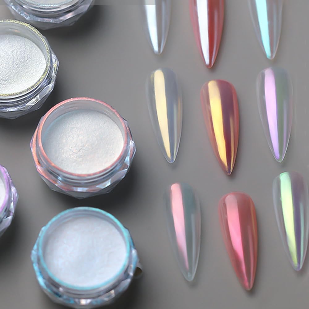 Pretty Diva 8 Colors Iridescent Pearl Chrome Nail Powder, Aurora Pearl Nails Chrome White Pearl Chrome Powder for Nails Metallic