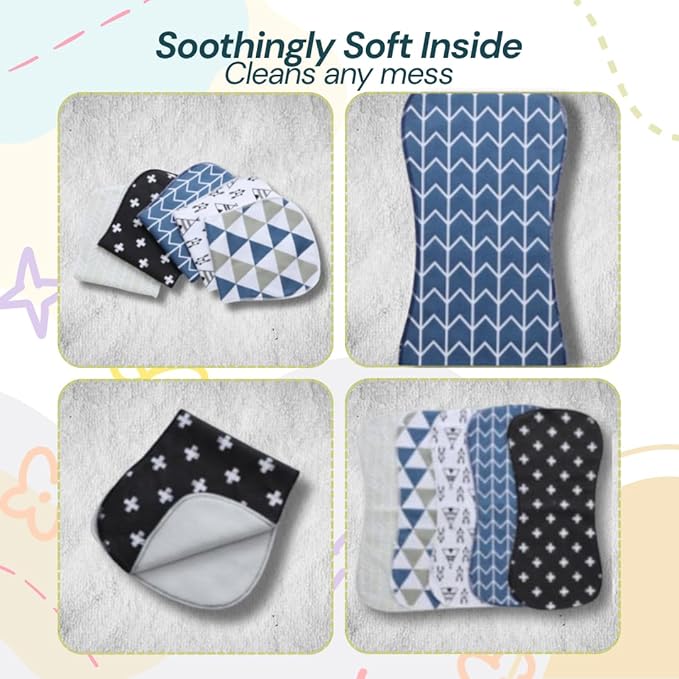 Blessique Burp Cloths Baby 5 Pieces,Waterproof Spill Proof Function, Essentials, Registry Items, Face Cloth, Face Cloth Boy Girl, Panales De para Bebes Stuff (Blue-Blackish)