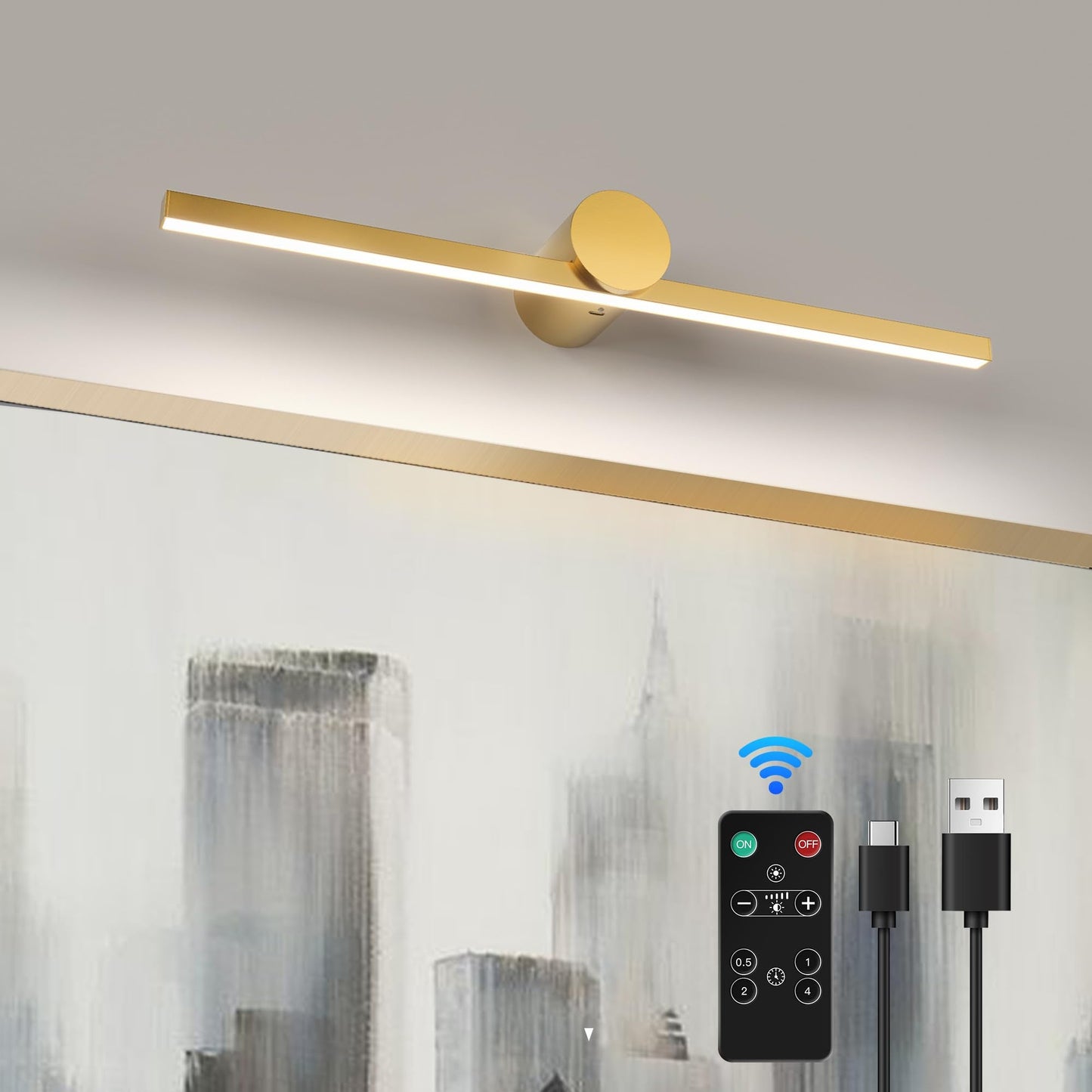 Zitostory Battery Operated Picture Light For Wall With Remote Wireless Dimmable Art Lights For discomfort-reducingtings Rechargeable Gallery Light Artwork Lighting For Canvas  Portrait (Gold 20 Inch)