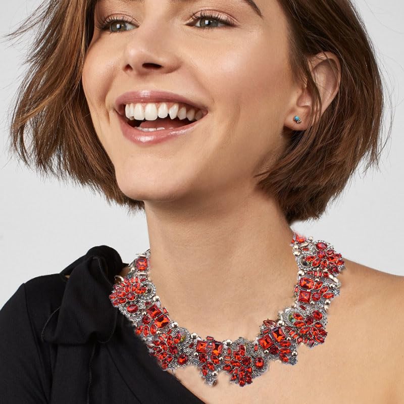 Zthread Bib Statement Necklace Colorful Glass Crystal Collar Choker Necklace for Women Costume Fashion Jewelry Necklace (Red)