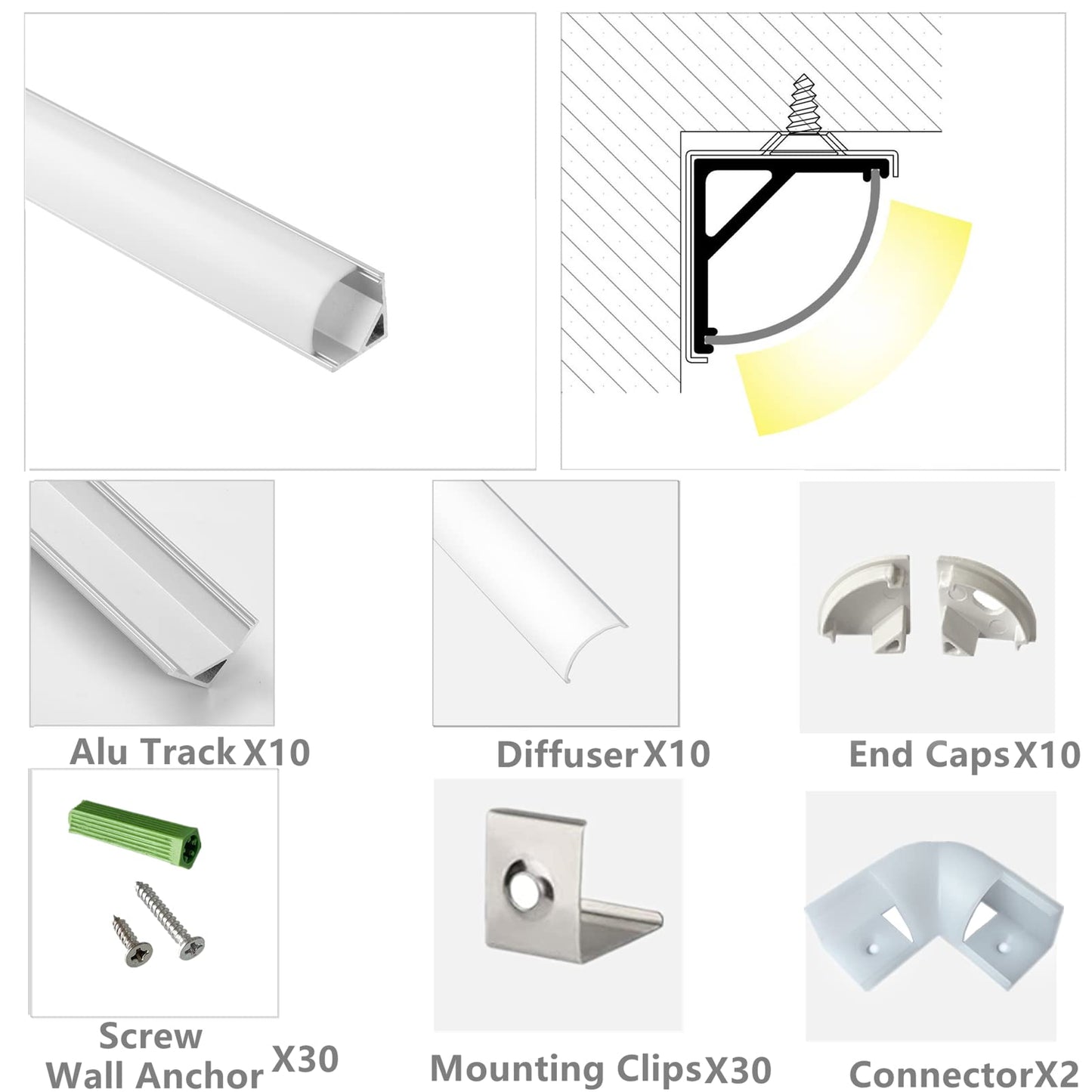 THMOOTHER 10-Pack 3.3FT 1Meter V Shape LED Strip Aluminum Channel Diffuser System, Extruded Alu Track Milky Cover with Corner Connector and Mounting Kit,Easy Cut and Installed Curved Lens Profile