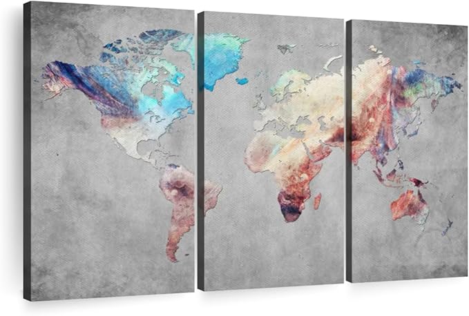 ElephantStock Artistic Touch World Map Multi Piece Canvas - 3 Panel Wall Decor - Map of the World Art - Canvas for the Office and Home - 50" X 32"