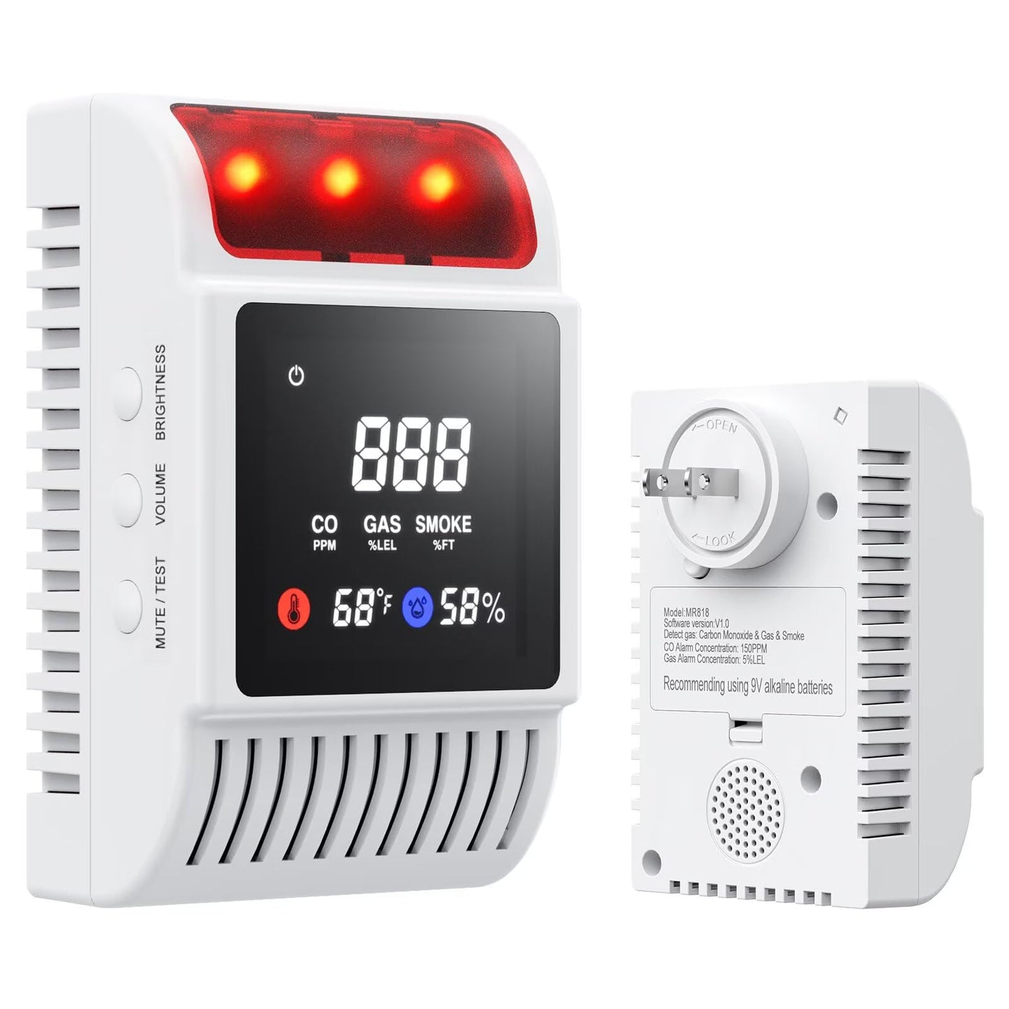 6-in-1 Smoke and Carbon Monoxide Detectors Plug in, Gas Leak Detector with Battery Backup Slot, Adjustable Brightness & Volume Levels, Smoke Alarm with Temp/Humidity for Home, RV, Travel(MR818,1-Pack)