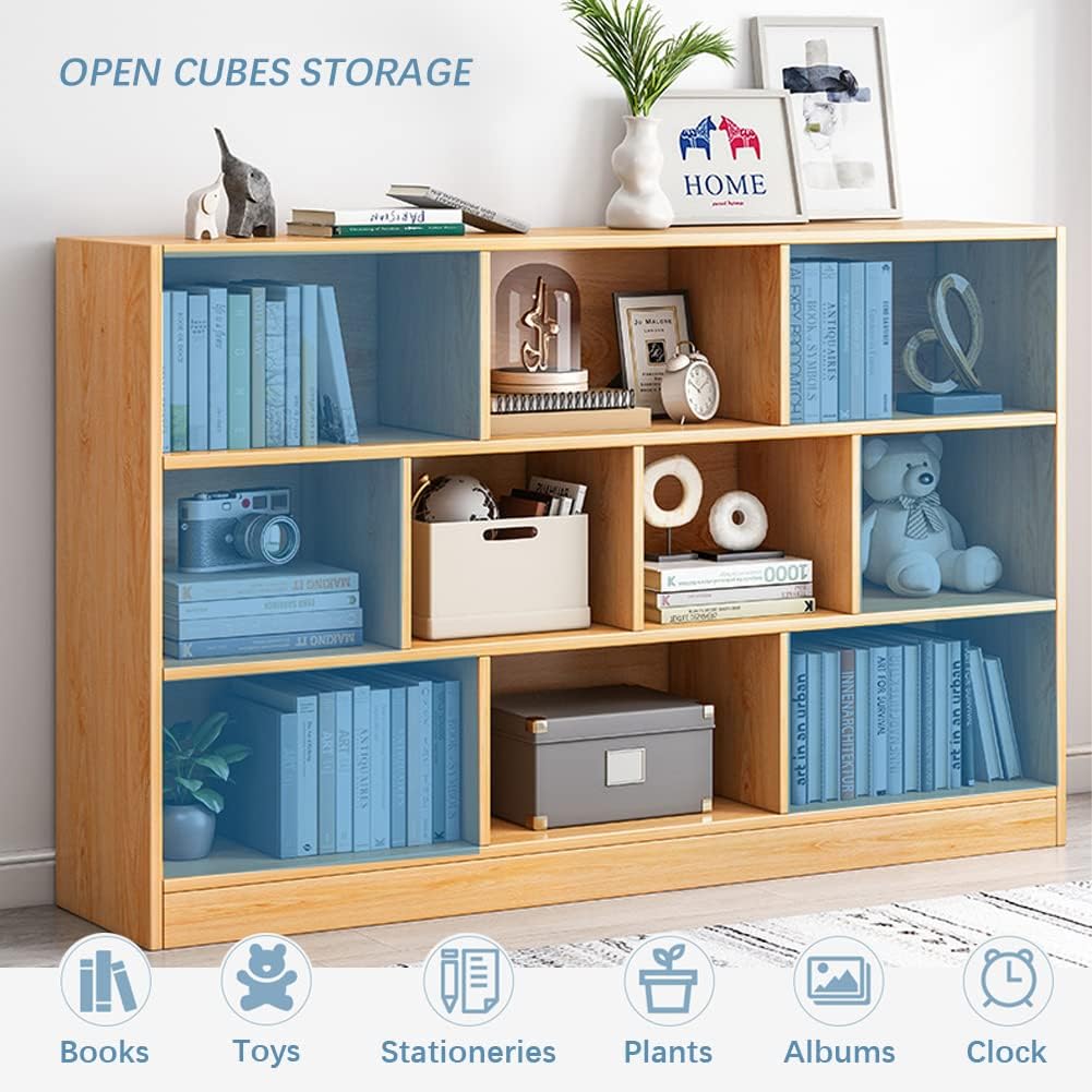 IOTXY Open Shelf Low Bookcase - Wooden 3-Tier Floor Standing Display Cabinet Organizer with Base, 5 Cubes Short Horizontal Bookshelf in Bright Blue