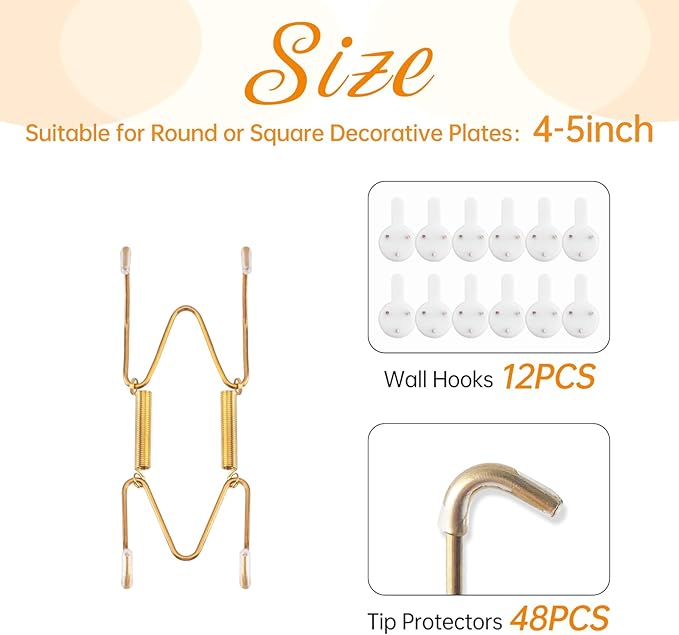 Bilillo 12 Pieces Plate Wall Hangers for Display - Invisible Plates Hanger, Stainless Steel Plate Holders with 12 Pieces Wall Hooks for 4-5 Inch Decorative Plates and Arts (Gold)