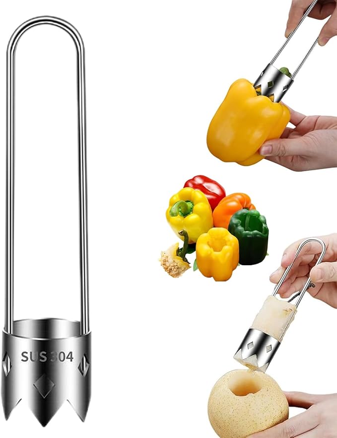 Red Bell Pepper Seed Corer Remover Tool- Pepper, Pineapple, Pear,Apple Corer - 304 Stainless Steel, Rust Resistant, Designed for a Wide Range of Fruits and Vegetables Corer