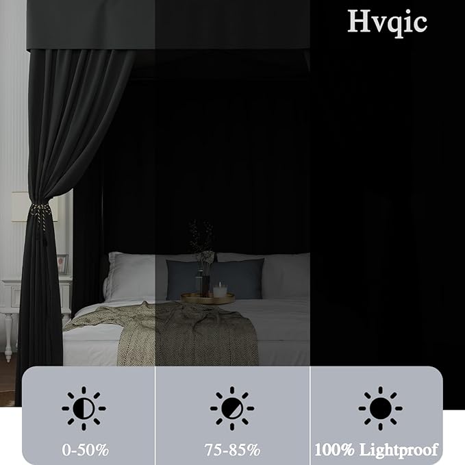 Hvqic Black Canopy Bed Curtains - 4 Corner Post Bed Curtains Twin Bed Curtains Lightproof Drapes Bed Canopy for Adults & Girls Bedroom Decoration(Twin,Black)