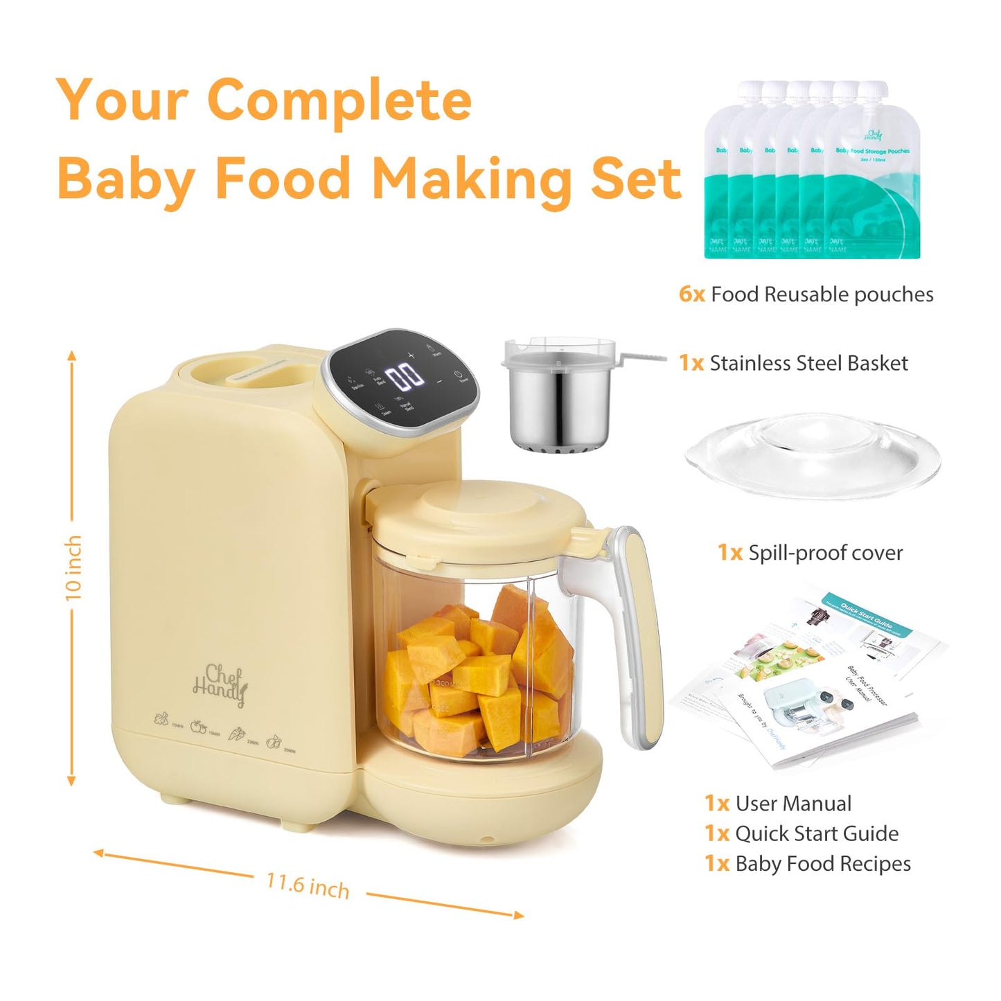 Chefhandy Baby Food Maker, Steamer & Blender with Stainless Steel Basket, Puree Maker with Auto/Manual Blend, Bottle Warmer & Sterili-zer, Safe & Easy-to-Clean Compact Baby Food Processor (Yellow)