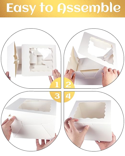 qiqee 8x8x5 Cake Box, 18 Sets White Cake Box with Window ＆ 18 Sets 8" White Cake Round Boards, 8inch Cake Containers, 10 Meters Gold Silk Ribbon