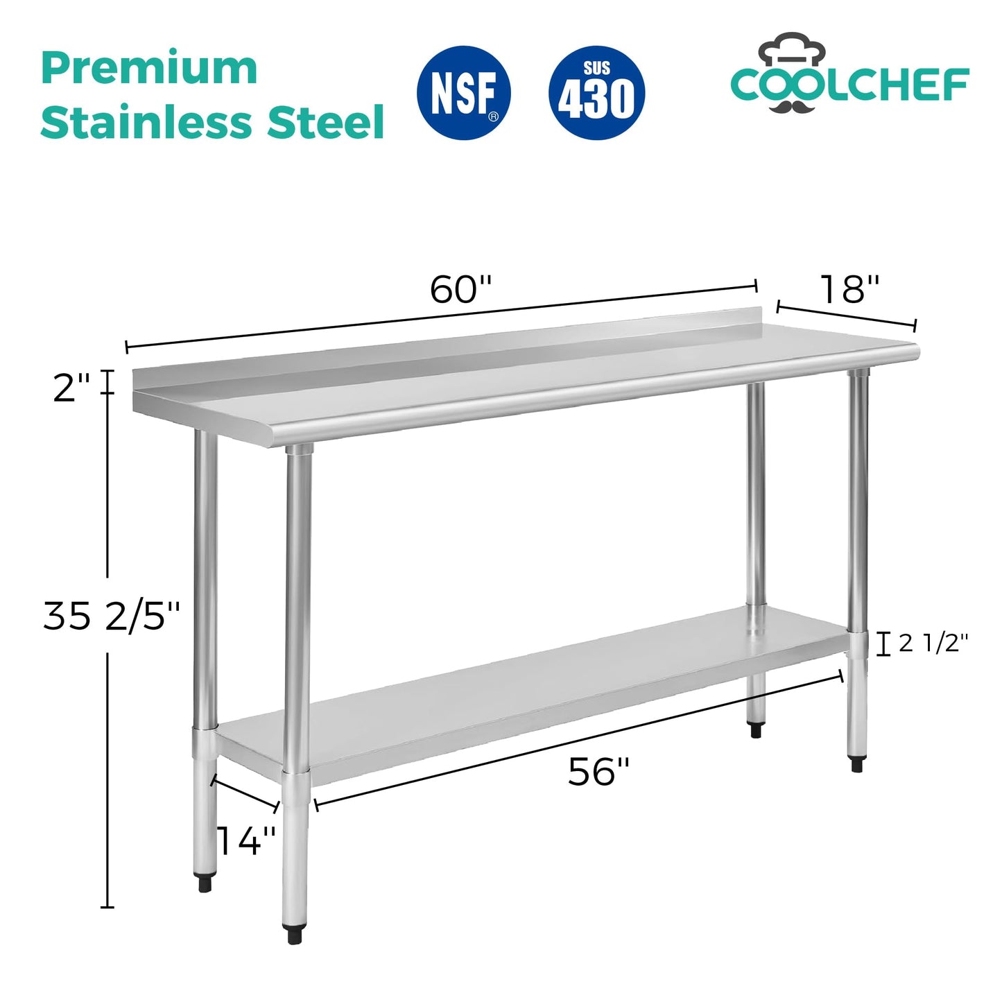 Okeyolive Stainless Steel Work Table 18 x 60 Inch, NSF Commercial Prep Table with Undershelf, Heavy Duty Food Prep Workstation with Backsplash