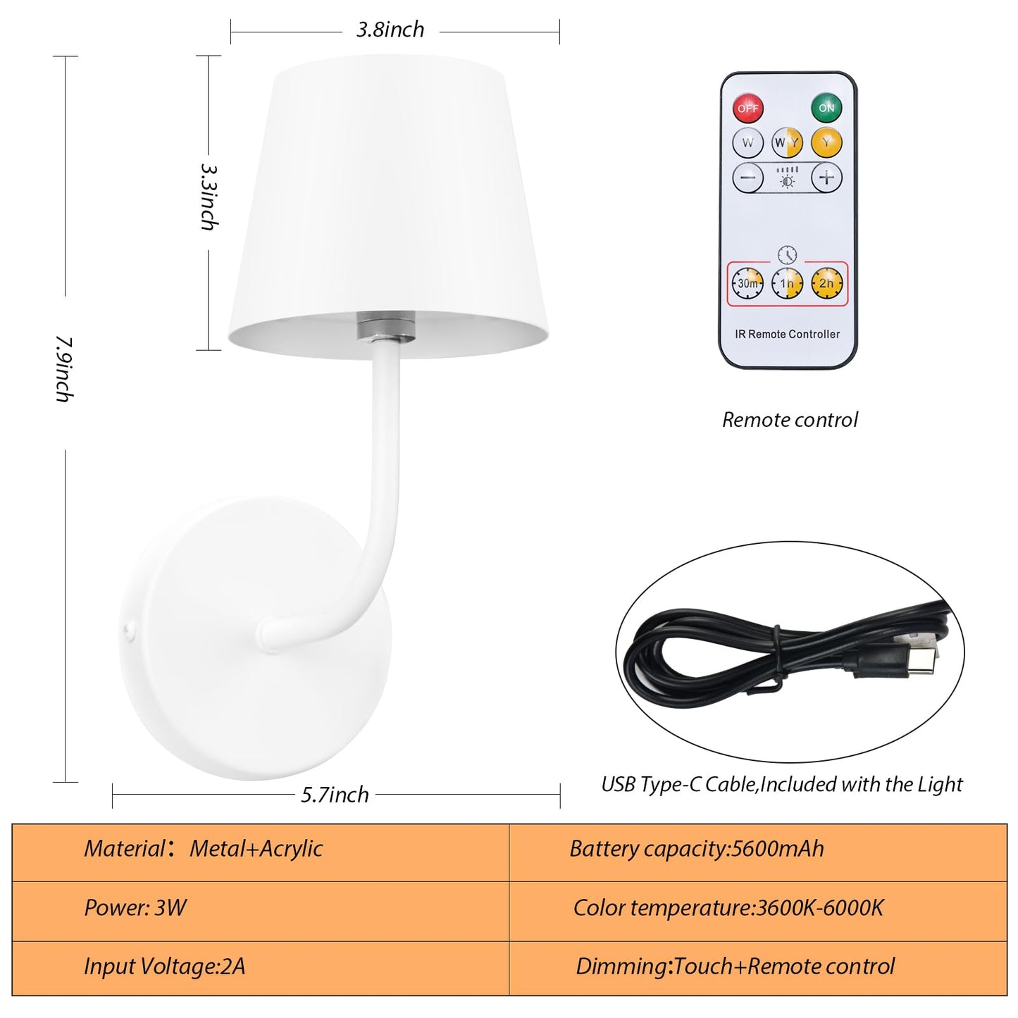 IMQSQIK LED Wall Lamp Set of 2, Rechargeable 5600mAh, Touch Control, White, Model RQ-14-2Pack