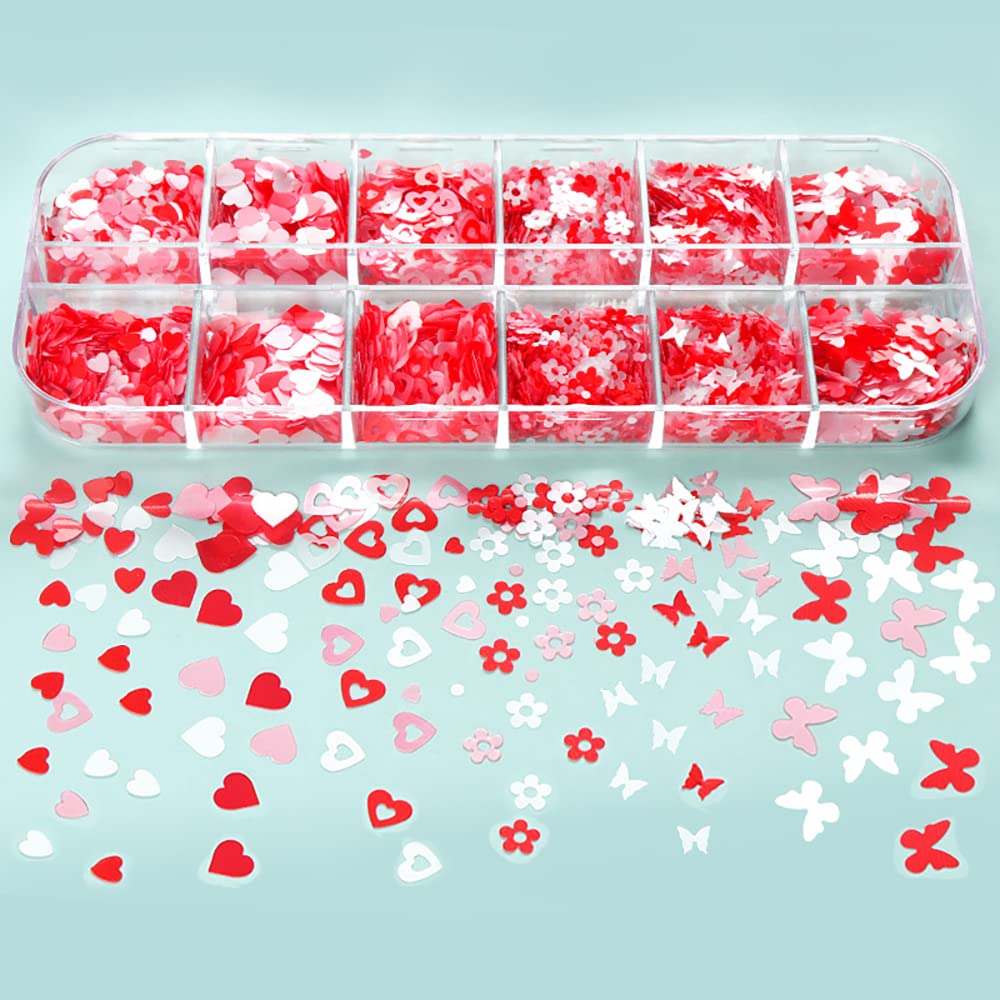 Valentines Nail Glitters, Holographic Heart Nail Glitter Sequins Red White Heart Butterfly Flowers Mixed Design Valentines Day N