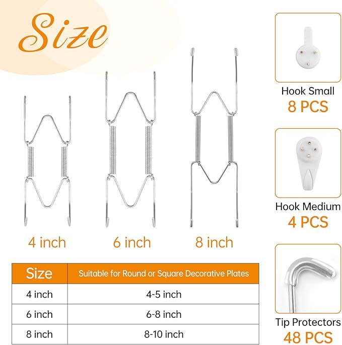 Bilillo 12 Pieces Plate Wall Hangers for Display - 4/6/8 Inch Invisible Plates Hanger, Stainless Steel Plate Holders with 12 Pieces Wall Hooks for 4 to 10.5 Inch Decorative Plates and Arts (Silver)