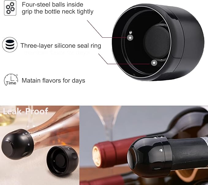 Champagne Stopper & Wine stoppers, 4 Pack Reusable Wine Corks Plastic & Silicone,Twist Top Wine Sealer, Compact Wine Stopper Leak Proof and Keeps Wine Fresh For Easy Storage, Black