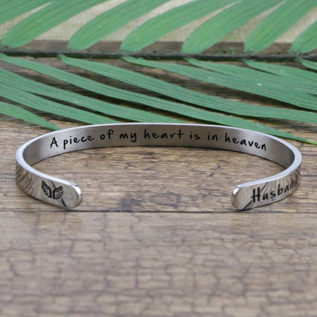 JoycuFF A Piece Of My Heart Is In Heaven Memorial Jewelry Loss of Husband Sympathy Gifts for Women Remembrance Mantra Cuff Brace