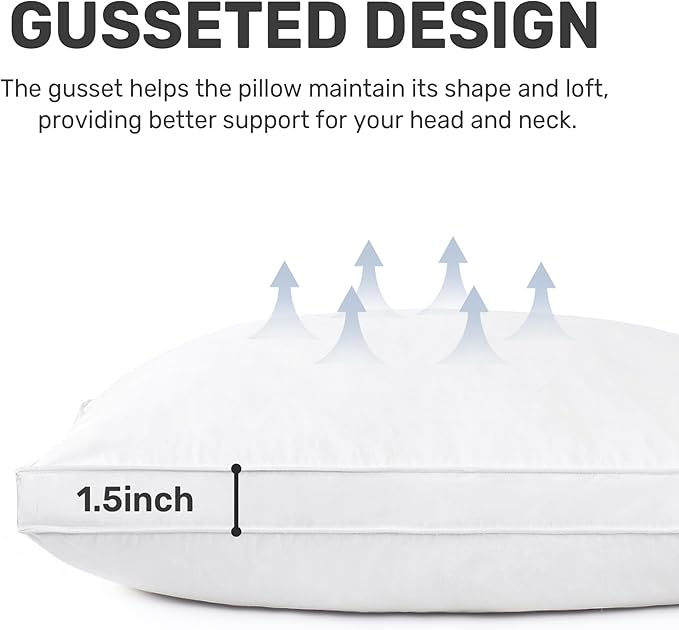 UNIKOME Goose Down Feather Pillows with 100% Cotton Cover, Set of 2 Gusseted Bed Hotel Collection Pillows for Sleeping, Queen Size