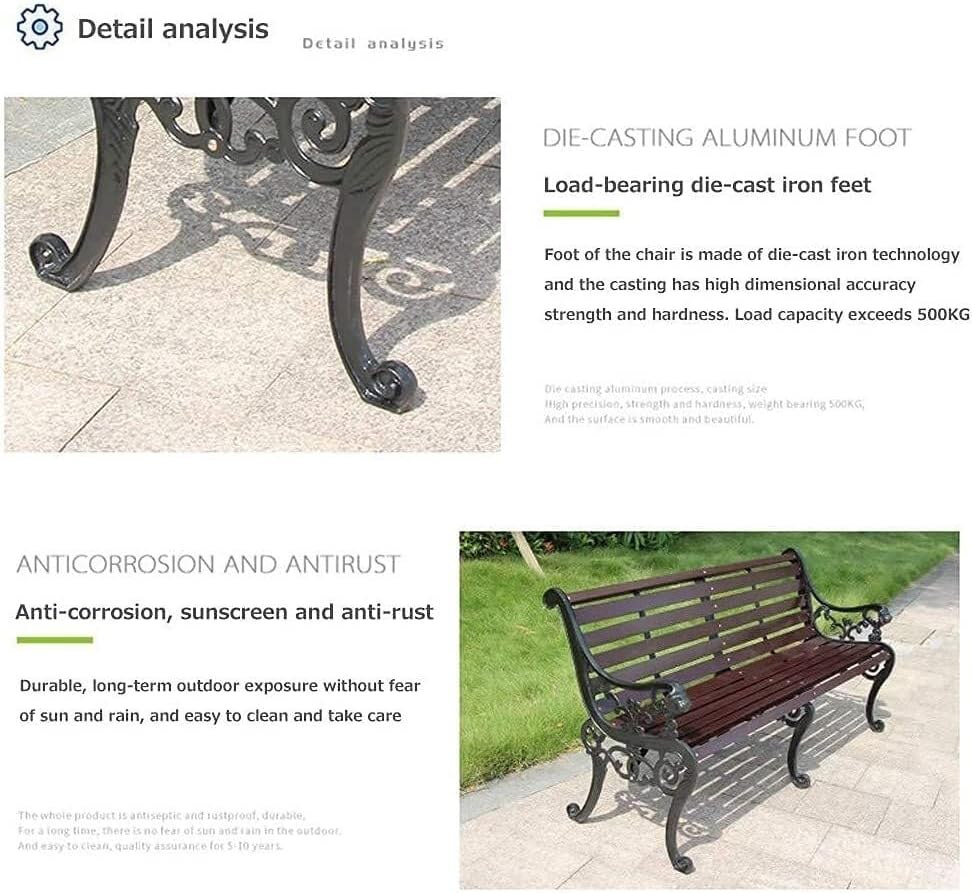 Outdoor Bench, Porch Bench, Garden Park Bench, Cast Aluminum Preservative Wood Bench with Backrest and Armrests for 2-3 People Porch/Deck/Patio Furniture(Brown+Antique Green Legs,125CM)