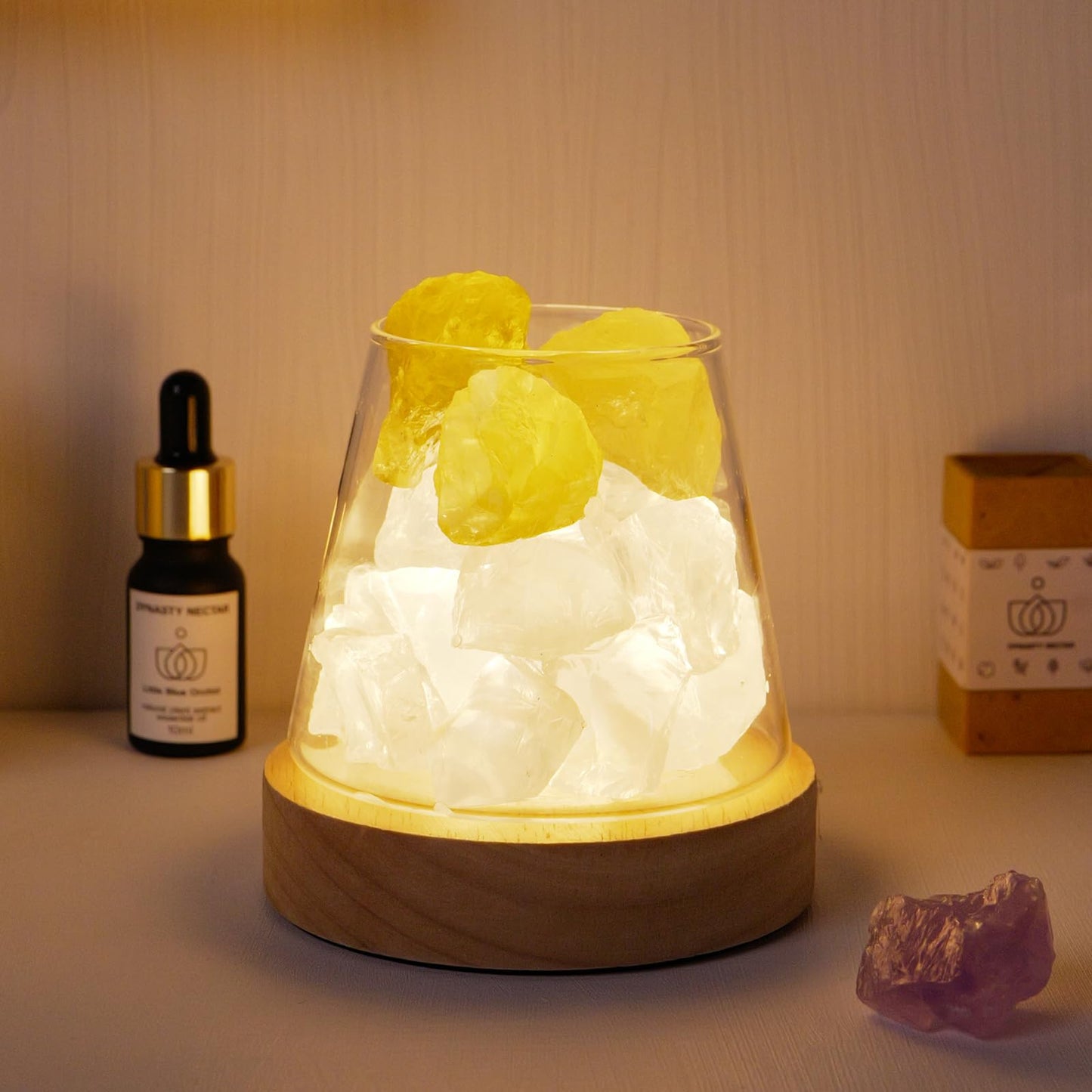 Runyangshi Citrine Clear Quartz Night Lamp Natural Healing Crystal Aroma Stone Diffuser with Remote Control Bedside Lamp USB Por