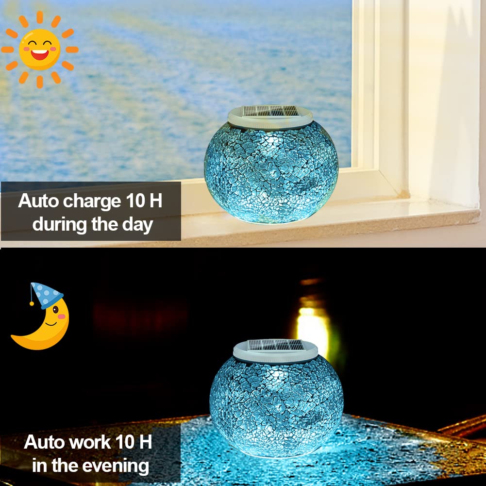 Aukora Solar Powered Glass Ball Garden Lights, Waterproof LED Night Light, Big Size, Cyan, Model AU-SOTABLE-01