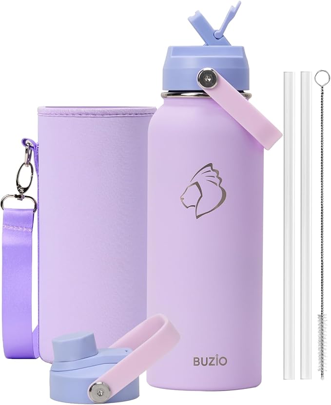 40 oz Insulated Water Bottle with Straw Lid, BUZIO Stainless Steel Water Flask Keep Cold 48h with Carrying Pouch, Lead-Free Double Wall Vacuum Thermo Tumbler Leak Proof Sport Metal Canteen, Purple