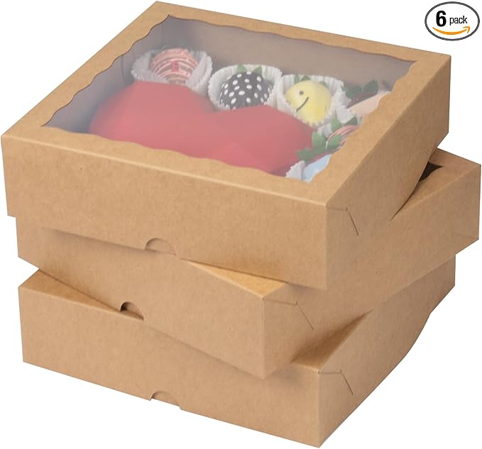 Brown Bakery Boxes with Window (6pcs, 9x9x2.5 Inch) for Christmas: Ideal for Pie, Cookies, Chocolate Covered Strawberries, Breakable Heart & Charcuterie