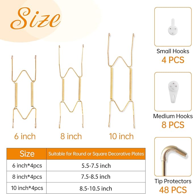 Bilillo 12-Piece Stainless Steel Wall Plate Hangers, 6/8/10 Inch Invisible Decorative Wire Plate Holders with 12 Pieces Wall Hooks for 5.5 to 10.5 Inch (Gold)