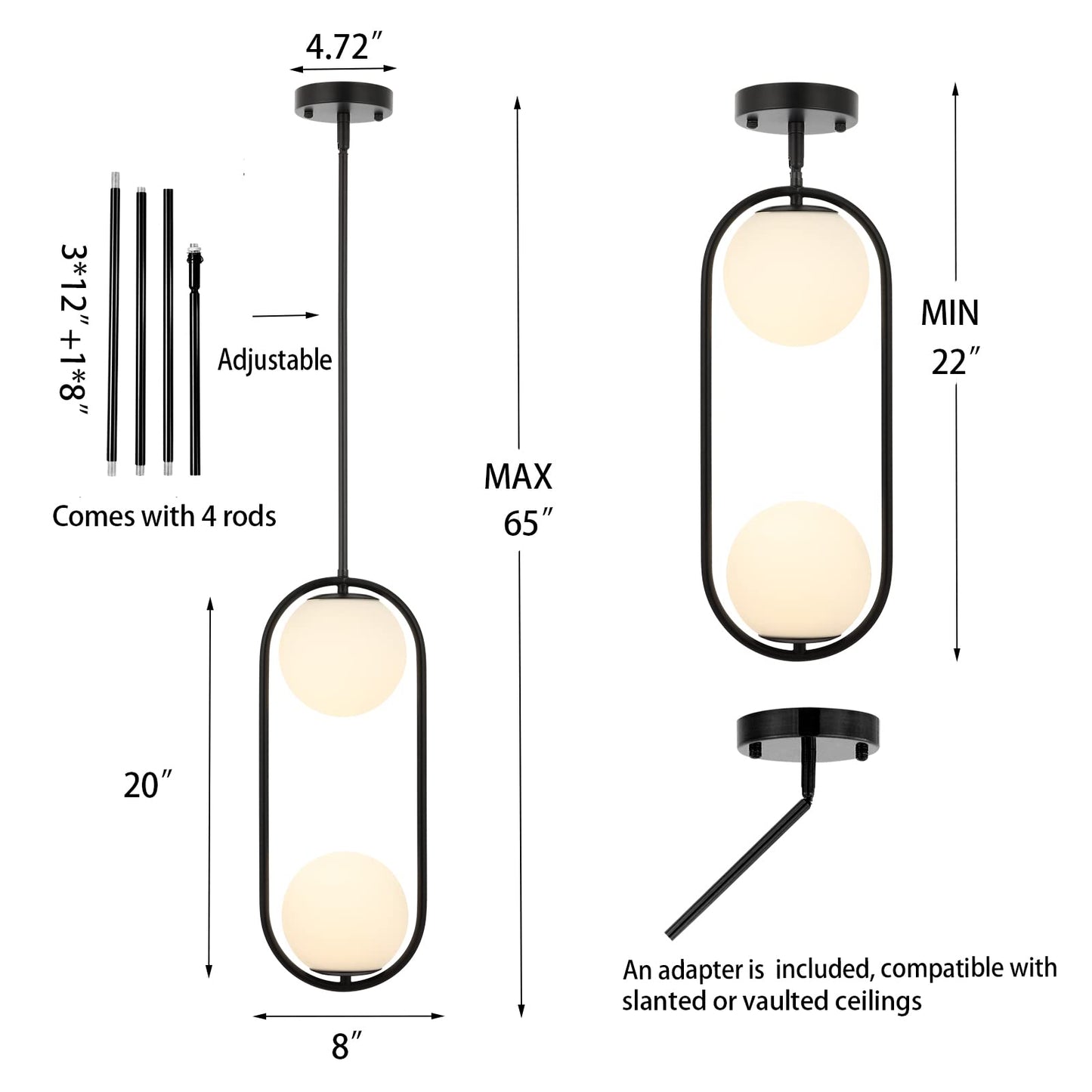 Byoliima 2-Lights Modern Globe Chandelier Mid Century Pendant Light Matte Black Ceiling Hanging Lighting Fixture With White Globe Glass Lampshade For Kitchen Island Dining Room Bedroom