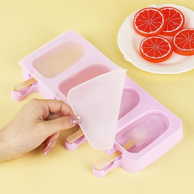 3 Set Violet Popsicles Molds with Lids and 100 Pcs Wooden Popsicles Sticks, Standard Size 4 Cavities Silicone Ice Pop Molds for Making Cakesicles, Cake Pops, Ice Cream - BPA Free