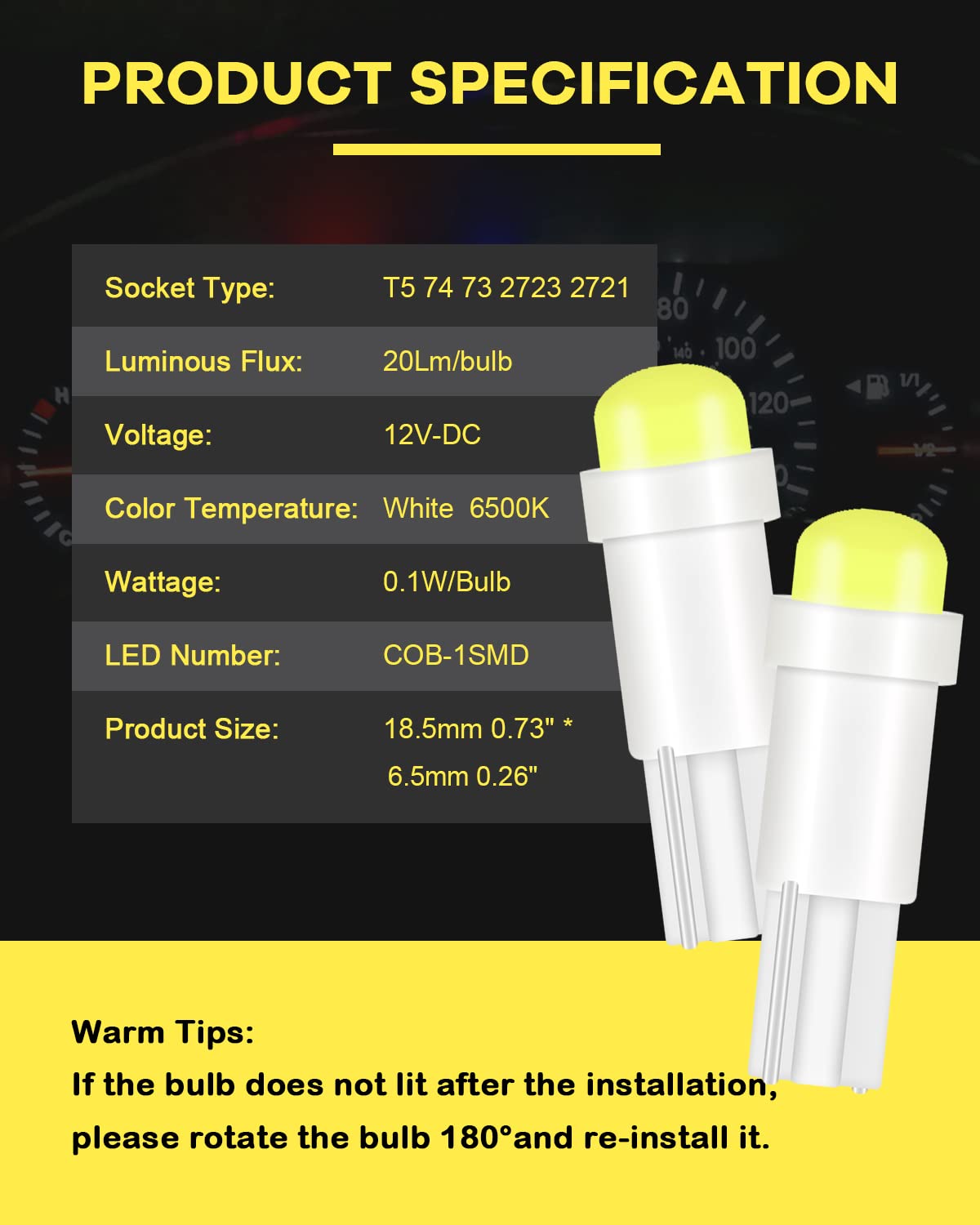 Alopee T5 Led Bulbs, 10Pcs Bright White 1Smd, Polycarbonate, For Car Instrument Cluster & Door Light, Dc 12V