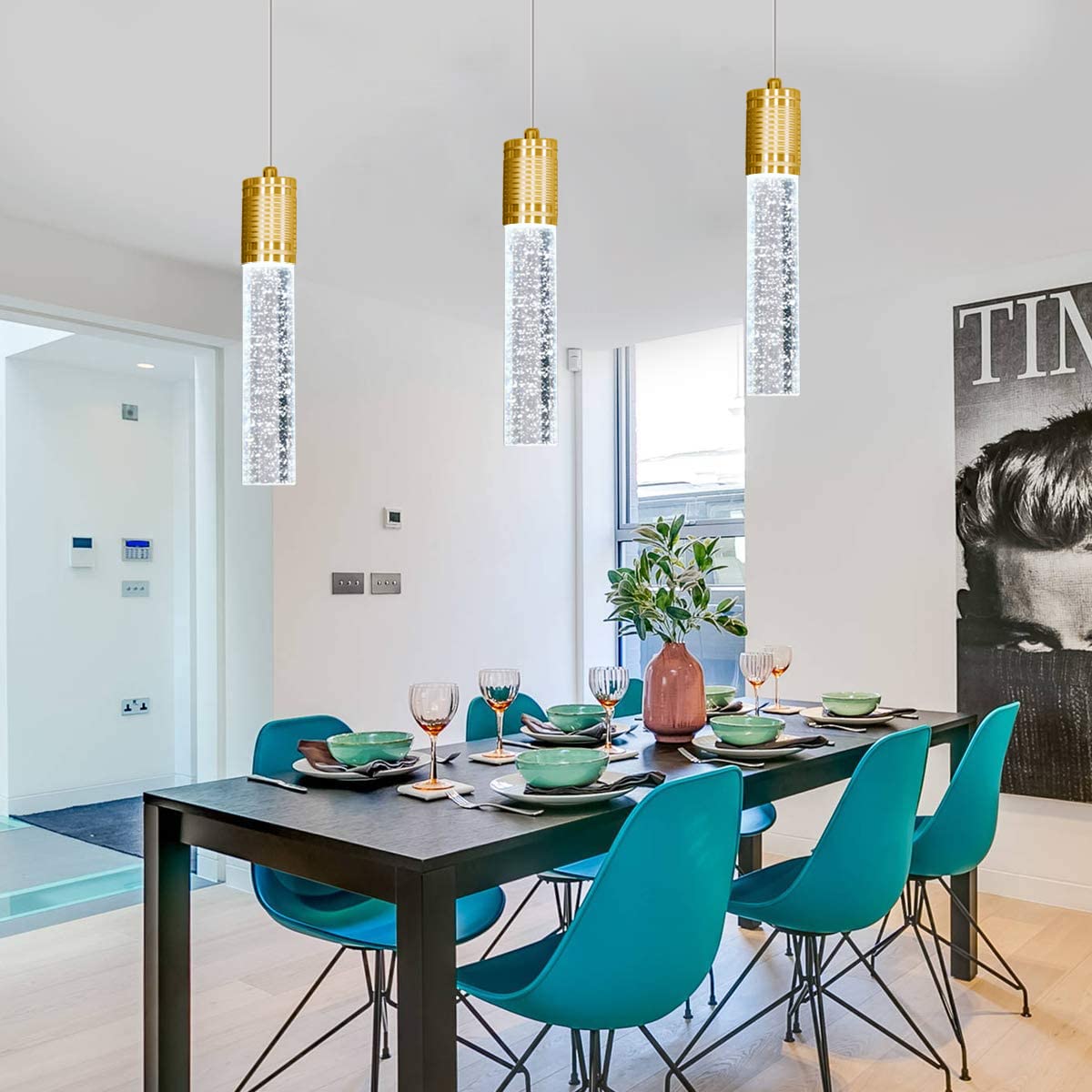 Haixiang 3-Pack Gold Led Pendant Light Fixture For Kitchen Island, Modern Metal Chandelier, Daylight Bulbs Included, Model D16806B1