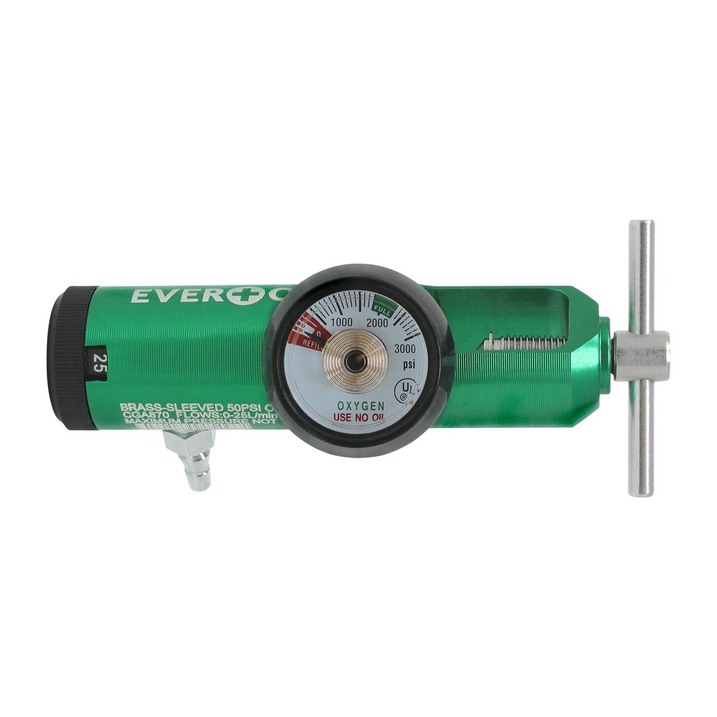 EverOne Mini Oxygen Regulator with Key, 0-25 Litersper min, Brass Sleeve, 870 CGA Connection, Brass Sleeve