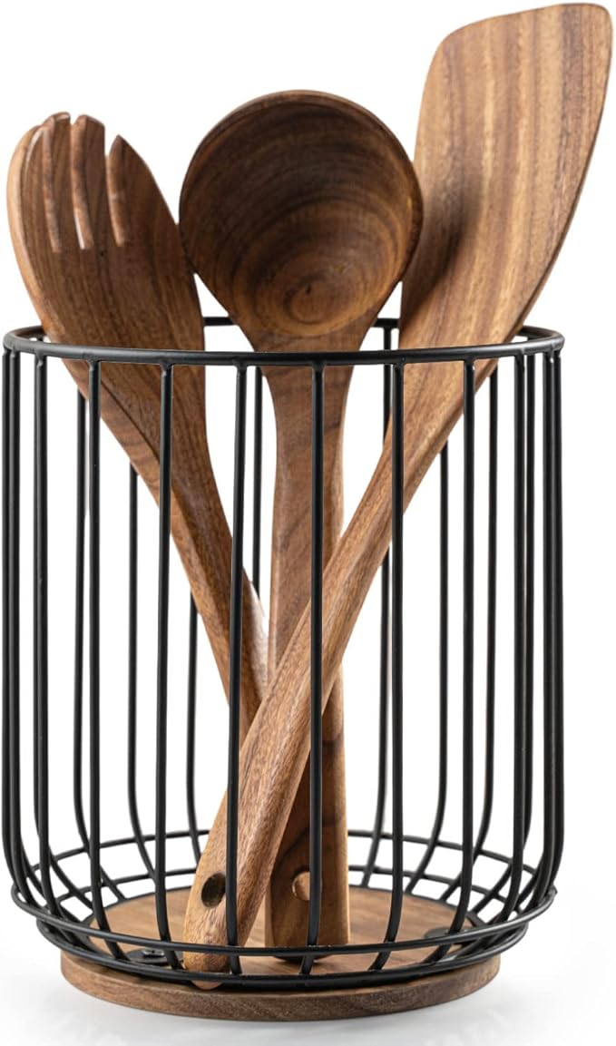 getstar Kitchen Utensil Holder, Large Wire Utensil Holder for Kitchen Counter (W6.2” x H7.5”) with Acacia Base