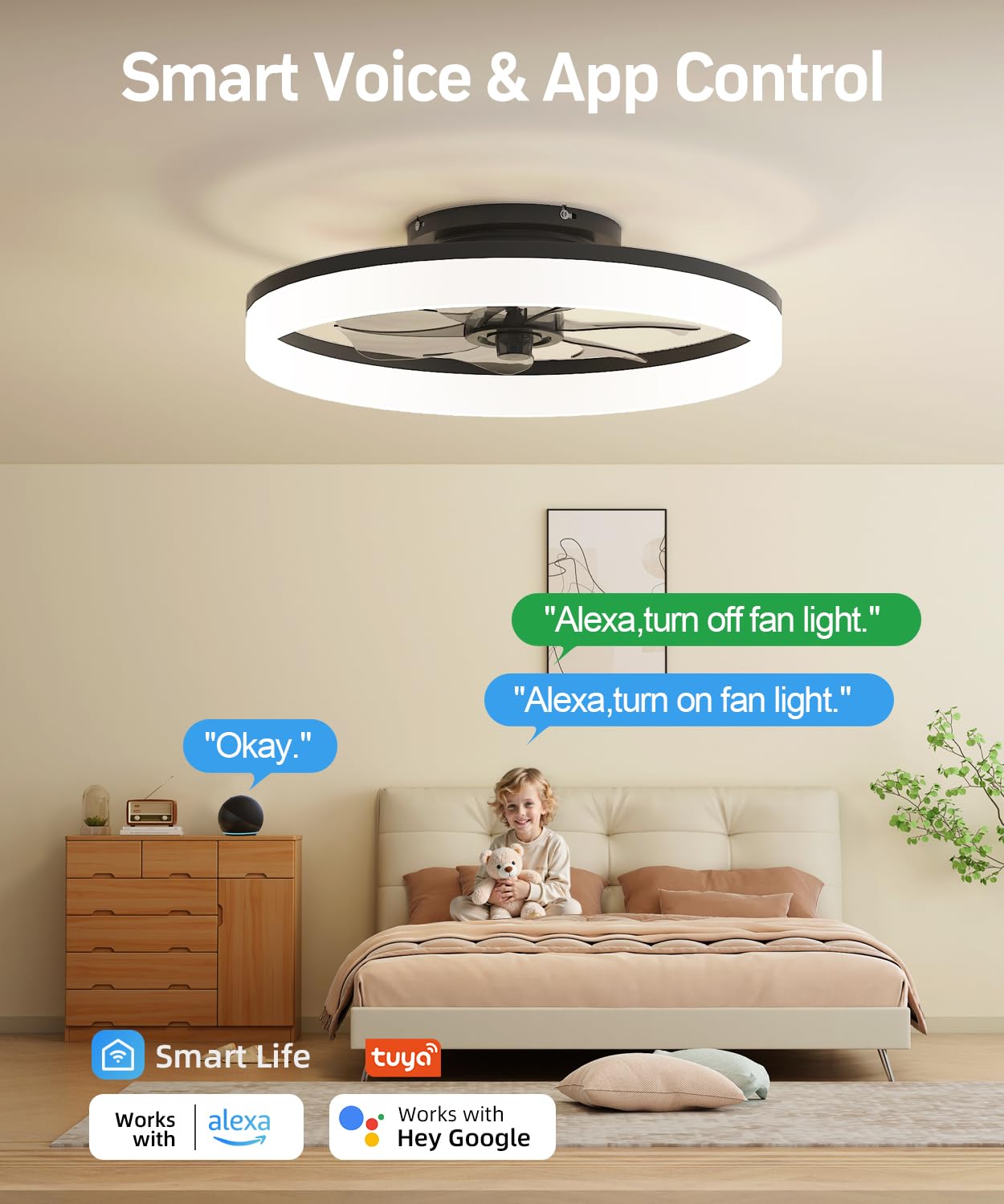 AQUBT Smart Ceiling Fan with Light, 20in  Low Profile, 6-Speed, Dimmable LED, Alexa/APP Control, Black, Model 1138-Bwifi
