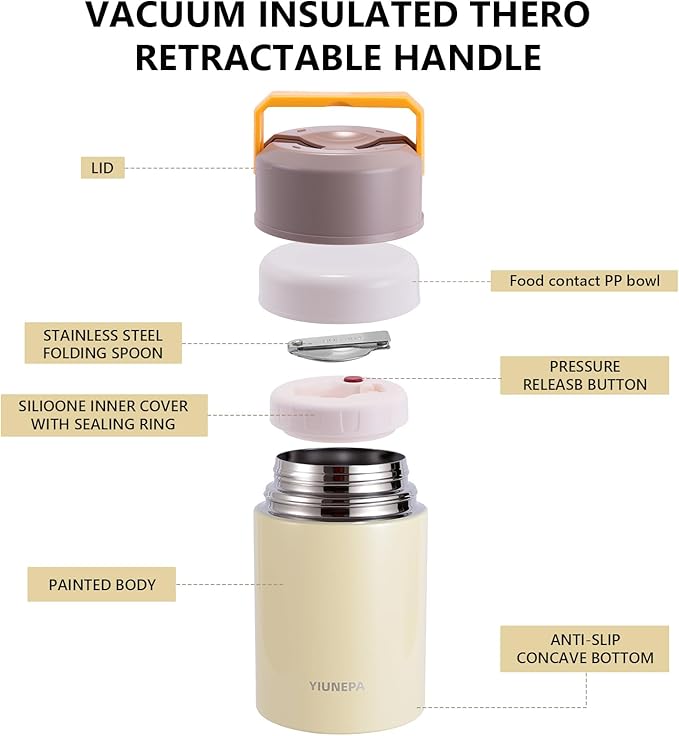 33.8oz Insulated Food Jar, 316 Stainless Steel Thermo for Hot Food, Leak-Proof Lunch Container for Construction, Truck Drivers, Work & Travel (Grey)