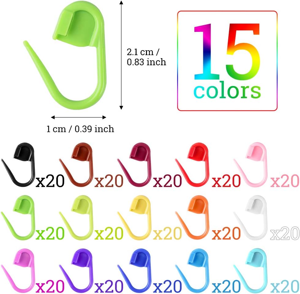 LUNARM 300 Pcs Stitch Markers, 15 Colors Crochet Stitch Needle Clip Knitting Plastic Locking Needle Clip Counter with Clear Storage Case for DIY Handicraft Place Buckle Marker