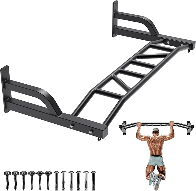 SELEWARE 48'' Heavy Duty Pull Up Bar Wall Mount Multi-function Chin up Bar with Home Gym Cable Pulley System LAT Pulldown ...