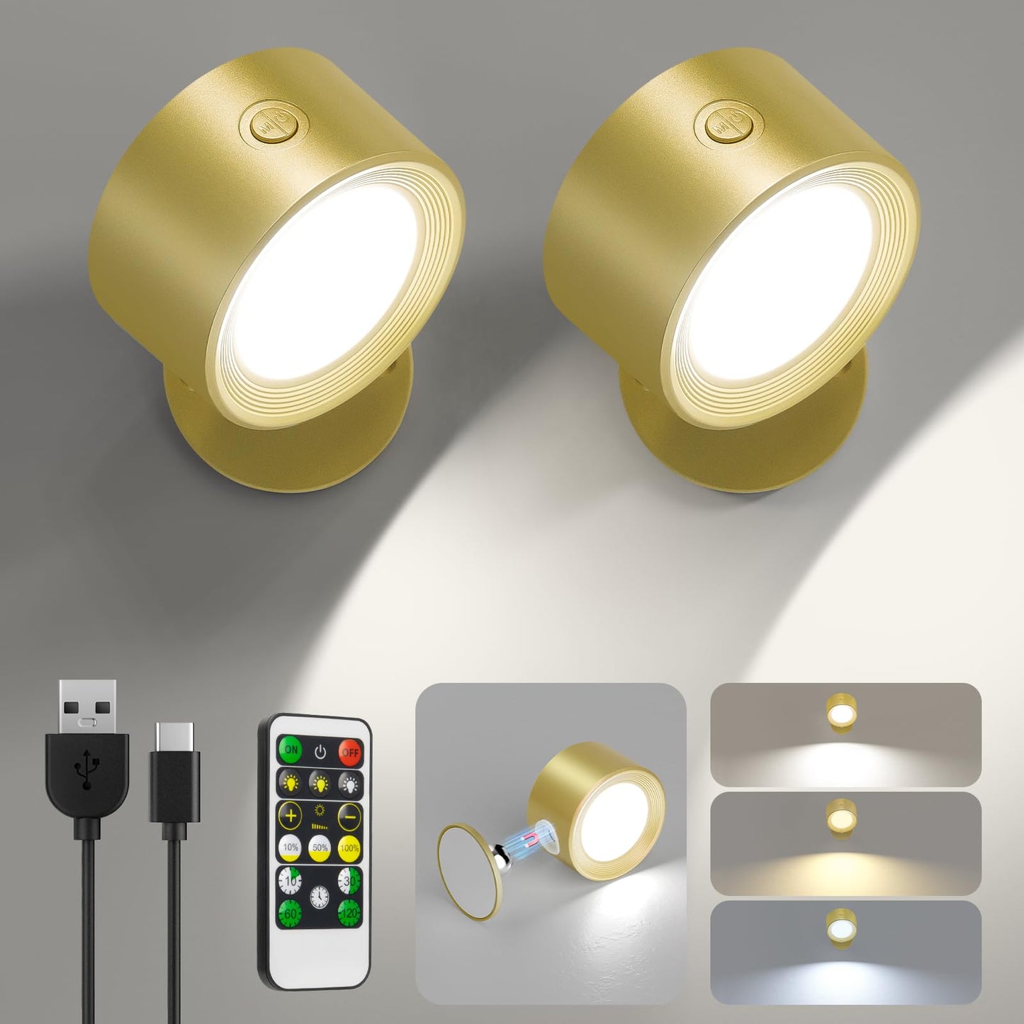 Lightbiz LED Wall Lights, 2 Pcs, Rechargeable, Dimmable, 3 Color Temperatures, Magnetic 360? Rotation, Gold, Model X120