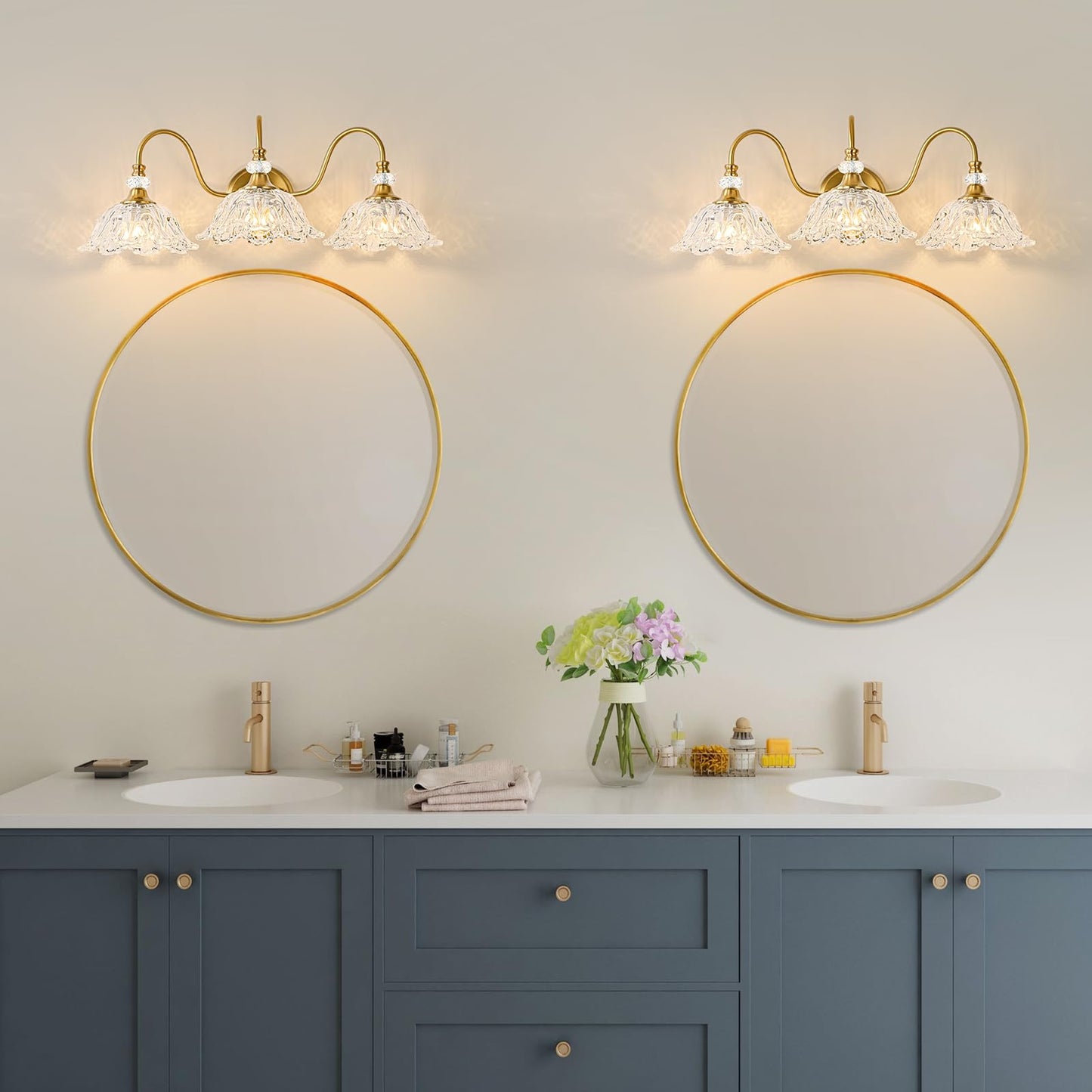Sunkryster Gold Bathroom Vanity Light  3-Light Brushed Gold Finish Vanity Light With Floral Clear Glass Shades  Retro Wall Mount Lighting For Bathroom  Dressing Table
