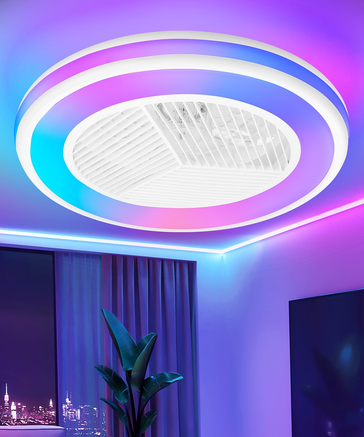 2-In-1 Low Profile Ceiling Fan With Light, 20    Caged Safety Design For Kids - Rgb Color, Smart App/Remote Control, Quiet Flush